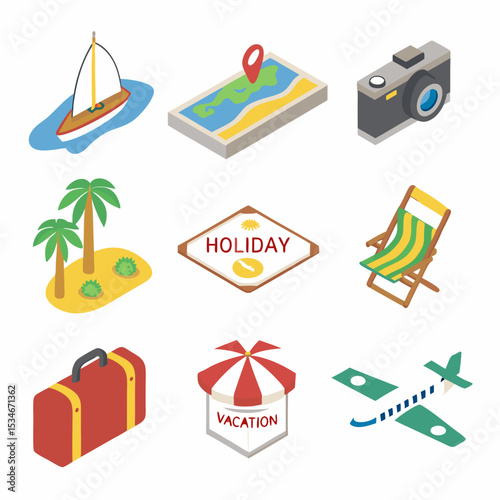 Delightful travel icons featuring a plane, beach chair, suitcase, and palm trees perfect for vacation branding and website design.