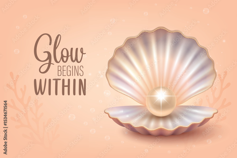 Fotografie Open Seashell with Shiny Pearl, Vector Illustration