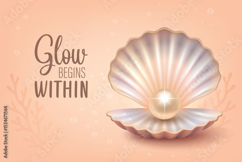 Open Seashell with Shiny Pearl, Vector Illustration. Realistic Pearl Shell Vector for Cosmetic Packaging, Sea Jewelry Design, Spa Logo, Luxury Beauty Branding, Skincare Product Art, Ocean Illustration