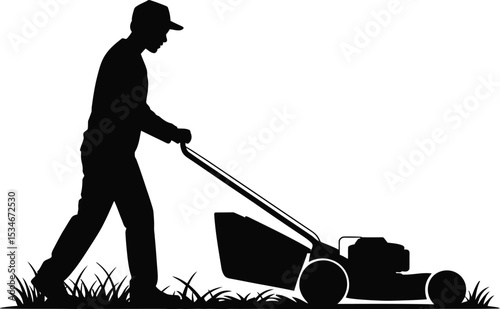 Man Mowing Lawn Silhouette Vector