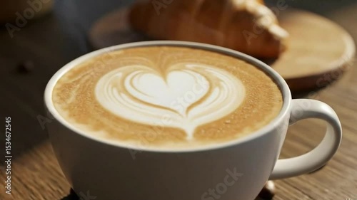 Close-up of a cup of coffee latte with a perfect heart shape in the foam. The scene is set on a wooden table with coffee beans and a croissant.