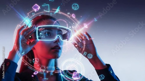 Futuristic Woman Wearing Virtual Reality Glasses with Digital Effects