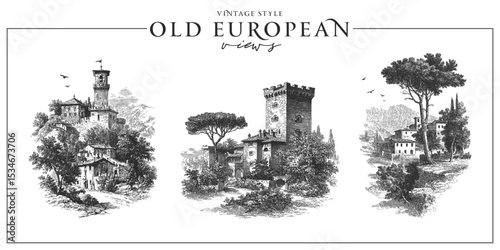Set of traditional old European landscapes with castles, farms, hills and valleys. Tuscany, Provencal or Spanish views. Vintage engraving or ink drawing style vector illustration.