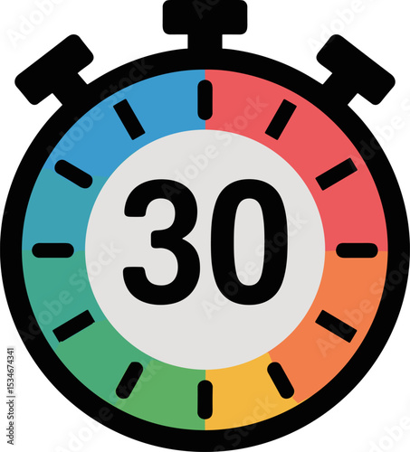 Timer Icon 30 Minutes Vector – Colorful Stopwatch Symbol for Countdown, Schedule, and Time Management Design

