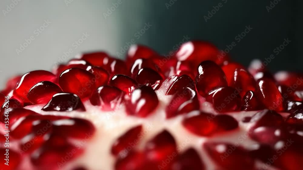Close-up reveals the vibrant red and juicy seeds of a ripe pomegranate on a dark background, showcasing its natural beauty and freshness.