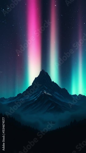 Minimalist mountain silhouette with vivid aurora sky, calm composition