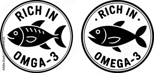 Rich in Omega-3 Stamp Icon – Fish Symbol Vector for Nutrition, Health, and Food Labeling

