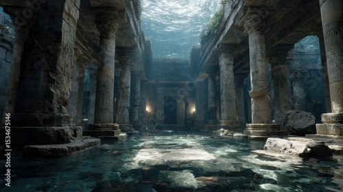 Ancient submerged temple with stone columns and reflective water surface