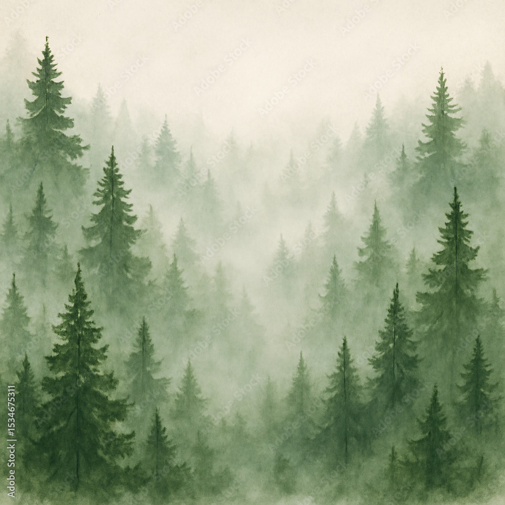 Fototapeta premium Watercolor-style illustration of a foggy pine forest, with layers of tall evergreen trees fading into the mist, evoking calm, mystery, and nature's depth.