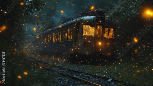 Enigmatic journey: Vintage railcar amidst magical fireflies in dense woodland