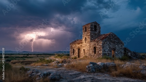 Ancient stone structure bathed in the light of a distant thunderstorm
