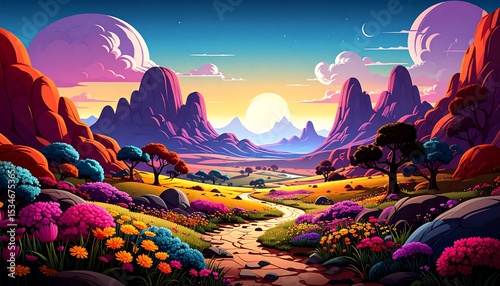 Vibrant Fantasy Landscape, Sunlit Path -  Vibrant color palettes