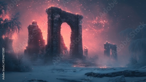 Ancient stone ruins rise against a vibrant celestial winter landscape