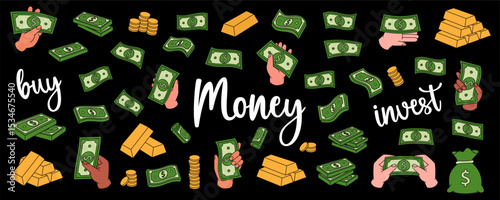 Green dollar bills. Flying cash, green banknotes, stack of money, dollar bills, gold coins and bars. Cash paper currency.