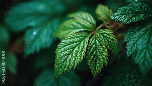 Vibrant Textured Raspberry Leaves Lush Green Growth Botanical Close Up