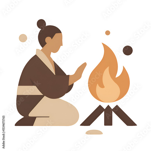 Kneeling Woman in Traditional Kimono Sitting by Campfire in Night Scene