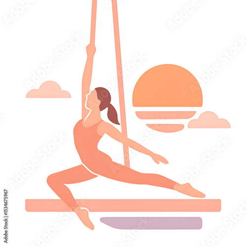 Elegant Woman Performing Aerial Yoga On Swing During Sunset With Soft Lighting