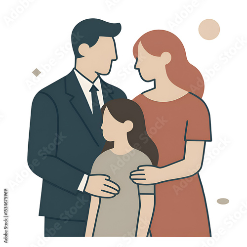 Family Man Woman Child Hugging in Warm Indoor Scene
