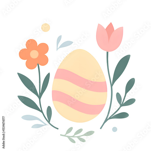 Decorative Easter Egg with Pink Flowers and Green Leaves on Transparent Background