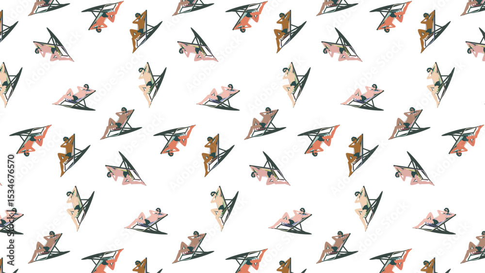 Naklejka premium Seamless Pattern of Diverse Sunbathing People on Beach Chairs