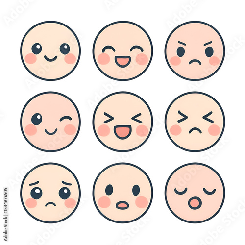 Cute Cartoon Emojis with Happy Sad and Angry Facial Expressions on Transparent Background