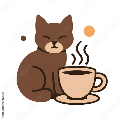 Cute Brown Cat Sitting Next to Coffee Cup with Steam in Warm Cozy Style