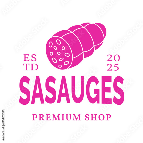 Beef sausage logo design template. Butchery sausages logotype for food market, ecommerce, organic products promotion. Vector illustration.