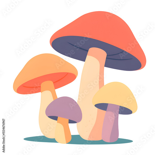 Colorful Mushrooms Illustration with Bright Orange Purple and Yellow Caps in Artistic Style