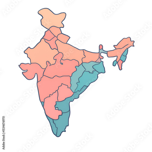 Colorful Map of India with State Borders in Pastel Shades Displaying Regions and Boundaries