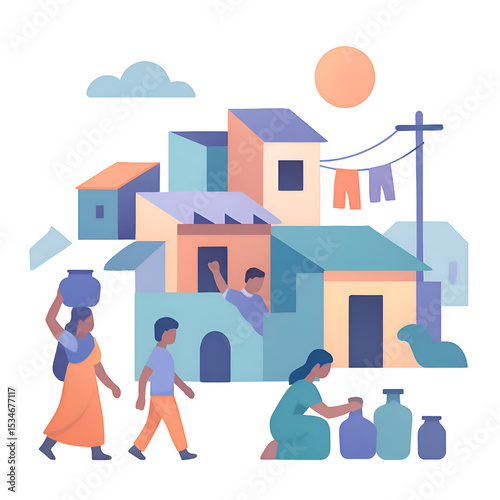 Colorful Illustration of Community Living with Houses People and Activities in Modern Style