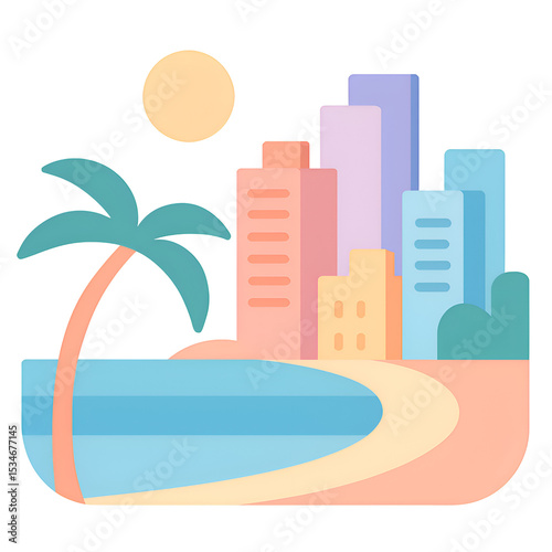 Colorful Illustration of a Cityscape with Beach and Palm Tree in Bright Pastel Colors