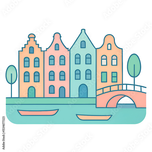 Colorful Cartoon Village Buildings with Bridge and Trees in Pastel Tones