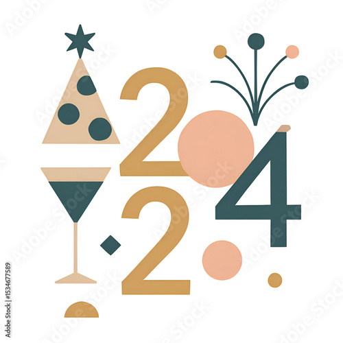 Celebratory New Year's Eve Party Elements with Fireworks and Champagne Glasses