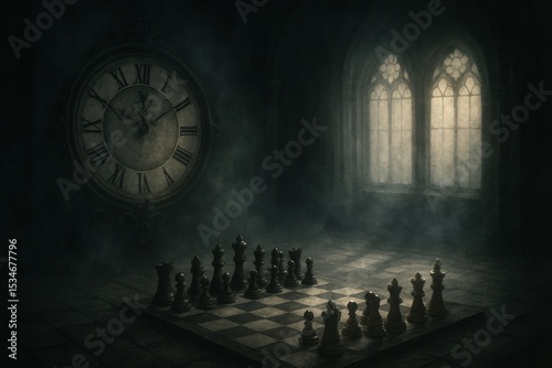 In a dimly lit, mysterious gothic room, an antique chessboard stands beneath a towering vintage clock and glowing arched windows, evoking tension, time, and strategy in darkness

