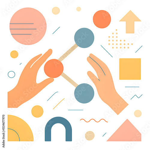 Abstract Geometric Illustration with Hands Connecting Colorful Circles Modern Artistic Design