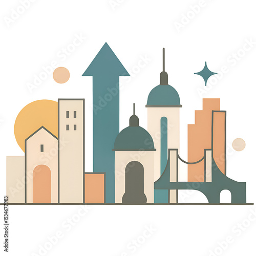 Abstract Geometric Cityscape Illustration with Buildings Arrows and Bridge in Soft Pastel Colors