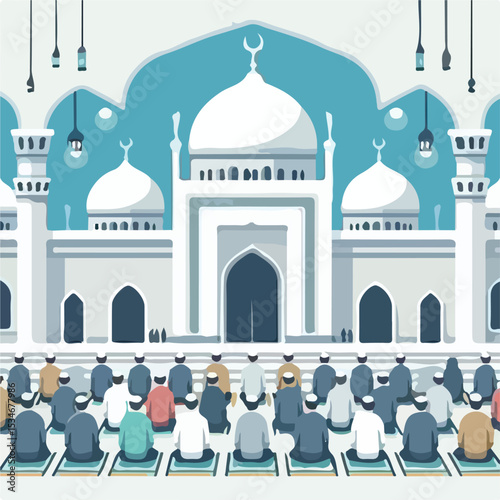 People are praying in a mosque with a simple and minimalist flat design using a white background