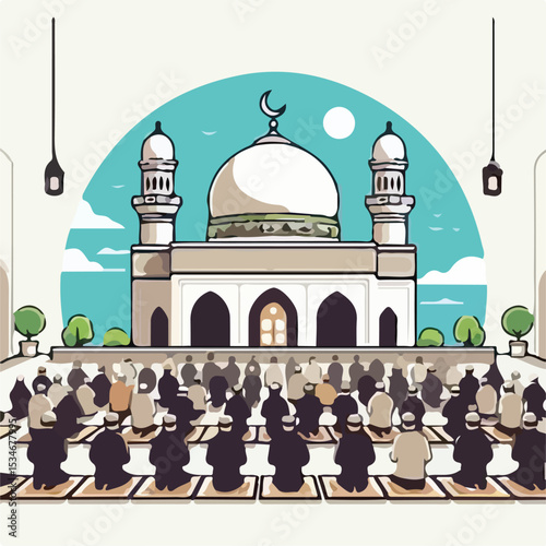 People are praying in a mosque with a simple and minimalist flat design using a white background