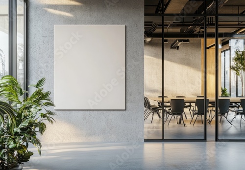 Blank canvas on concrete wall, office interior