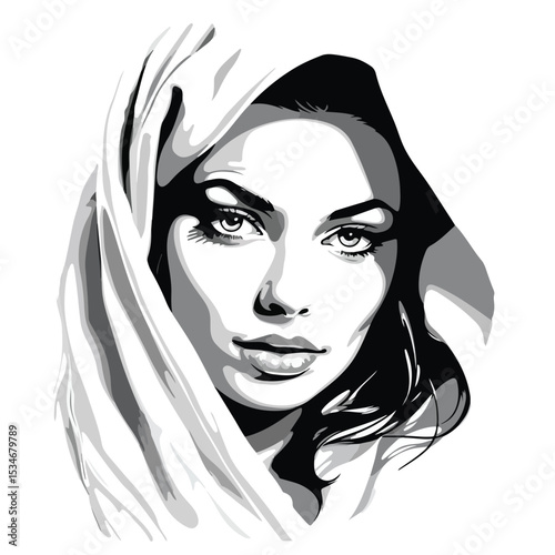 Professional Beauty Portrait of Woman Face Covered with Towel in Black and White Vector Illustration