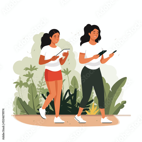 Active Young Girls Using Smartphone while Practicing Exercise Outdoors
