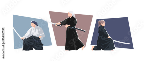 Set of female iaido character. Dynamic pose. Sport, martial arts. Cartoon flat vector illustration.