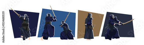 Set of kendo fighter character. Dynamic pose. Sport, martial arts. Cartoon flat vector illustration.