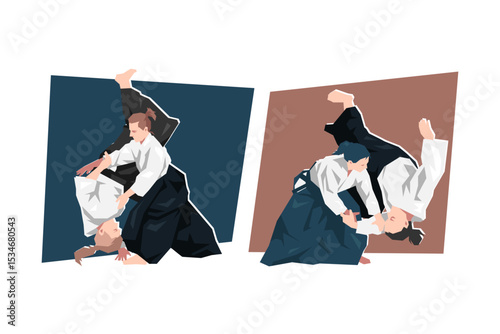 Set of female aikido character. Dynamic pose. Sport, martial arts. Cartoon flat vector illustration.