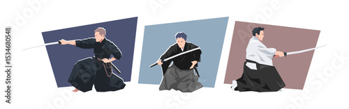 Set of male iaido character. Dynamic pose. Sport, martial arts. Cartoon flat vector illustration.