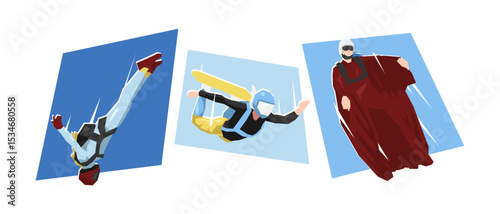 Set of female skydiving, skysurfing, and wingsuit flying. Extreme sport. Cartoon flat vector illustration.