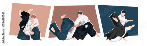 Set of male aikido character. Dynamic pose. Sport, martial arts. Cartoon flat vector illustration.