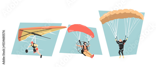 Set of female hang gliding, paramotor, and paragliding. Extreme sport. Cartoon flat vector illustration.