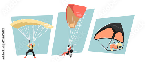 Set of female paragliding, paramotor, and hang gliding. Extreme sport. Cartoon flat vector illustration.