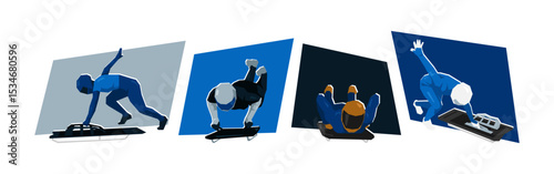 Set of skeleton sport athlete in action. Extreme sport, race. Flat vector cartoon illustration.